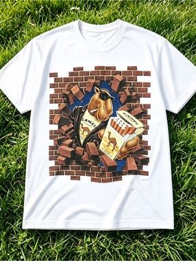 White unisex T-shirt with camel brick wall pattern.